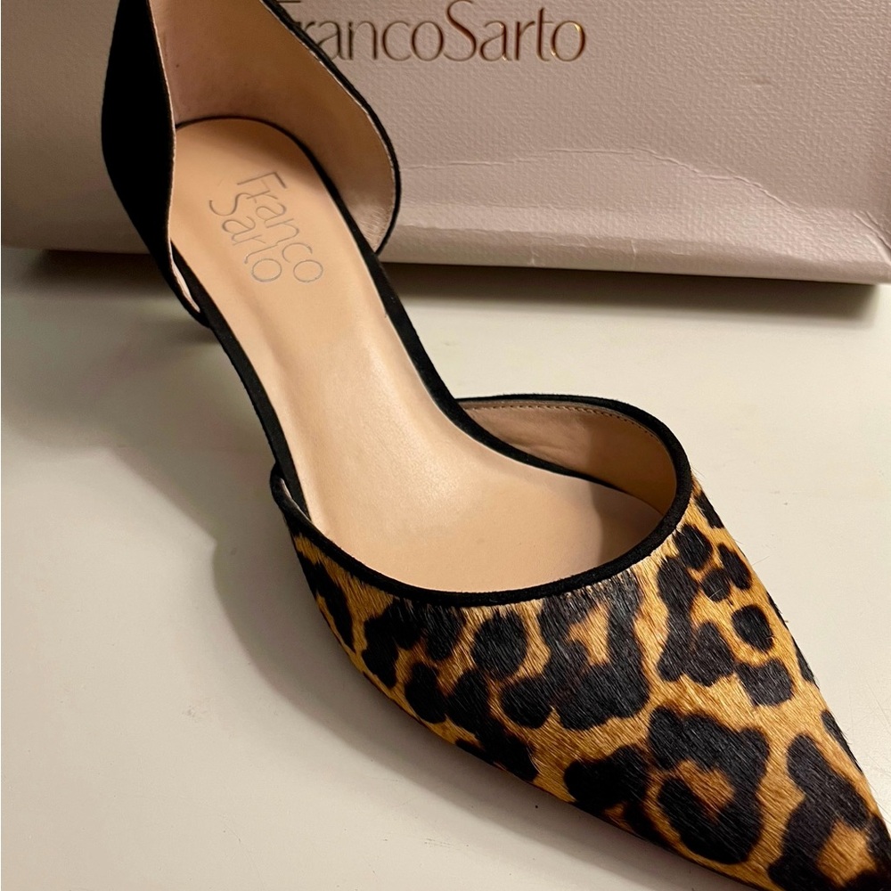 Franco Sarto Leopard Print Pointed D'Orsay Flat in Black and Tan Size 7.5